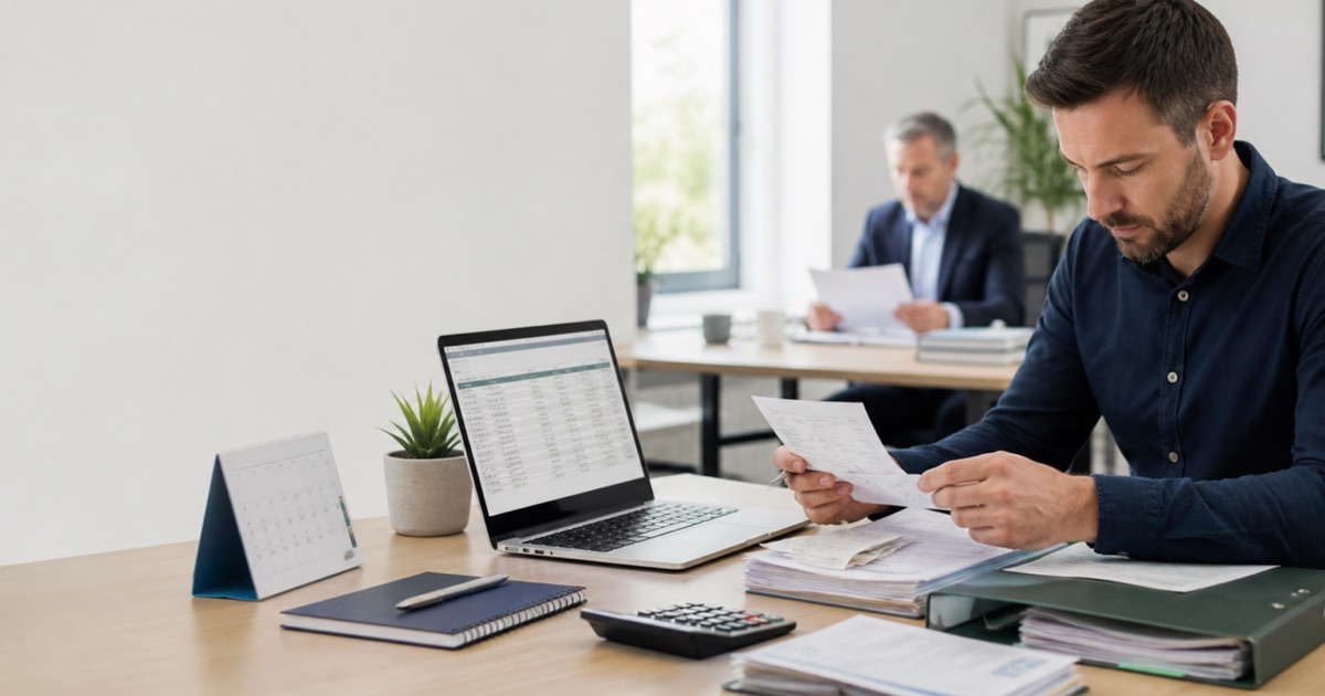 Irish company founder organizing invoices, accounting records and digital bookkeeping documents