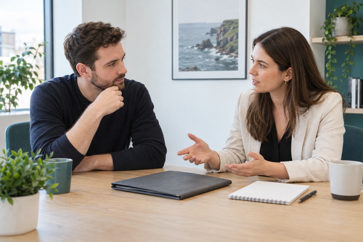 Two fictional adult founders discussing company responsibilities beside a closed folder and blank notepad