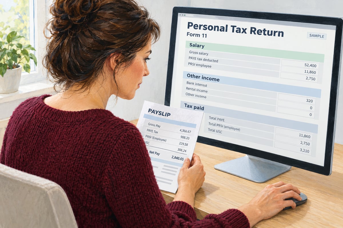 Director preparing a personal Form 11 tax return on a desktop screen while checking a payslip