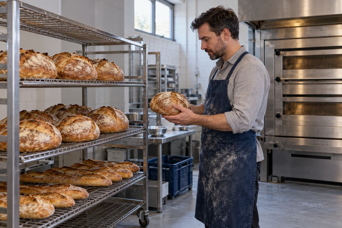 Fictional bakery owner in an indigo apron reviewing remaining bread beside a stainless-steel cooling rack and commercial oven