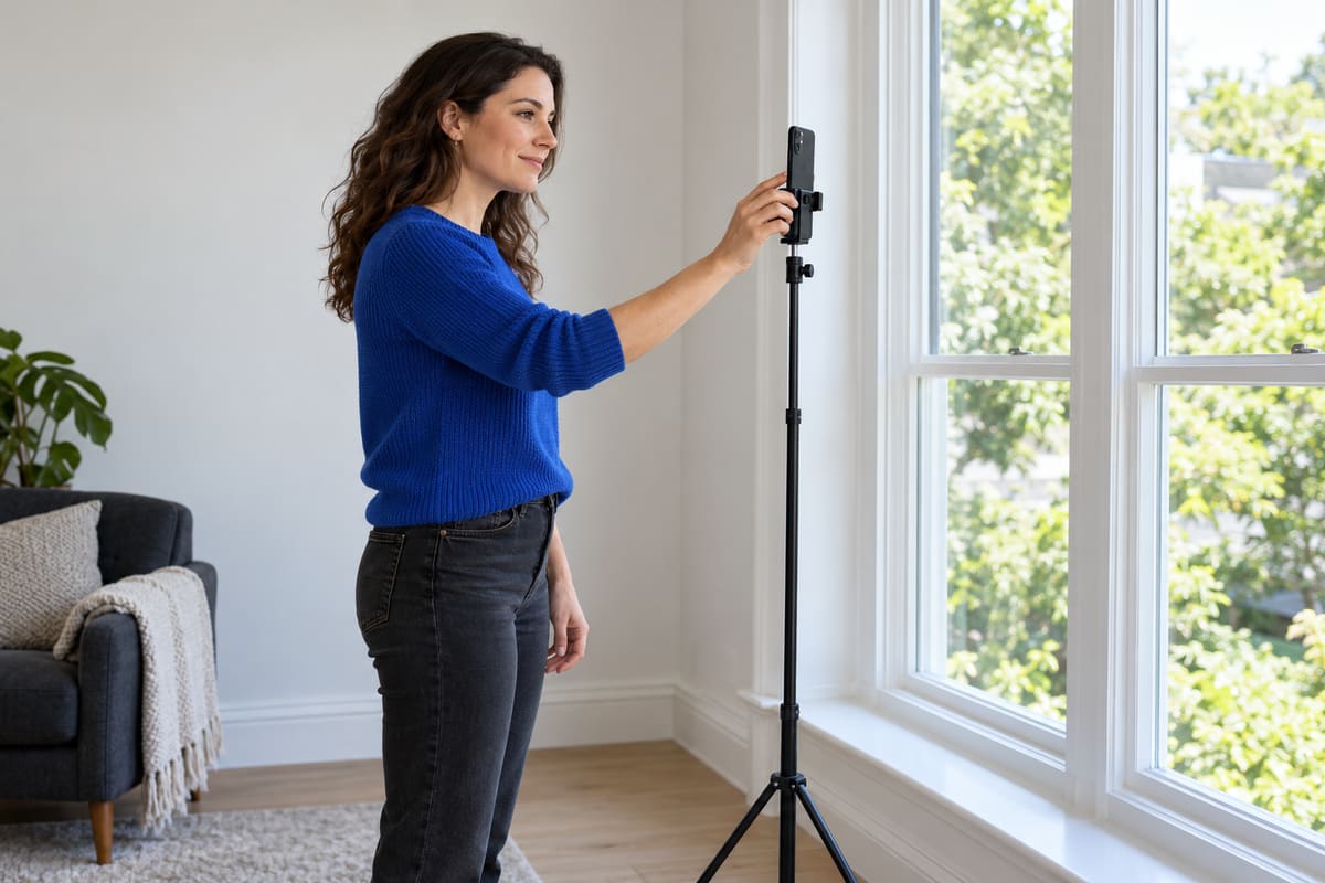 Fictional founder adjusting a smartphone on a tripod beside a bright home window to prepare for a remote identity check