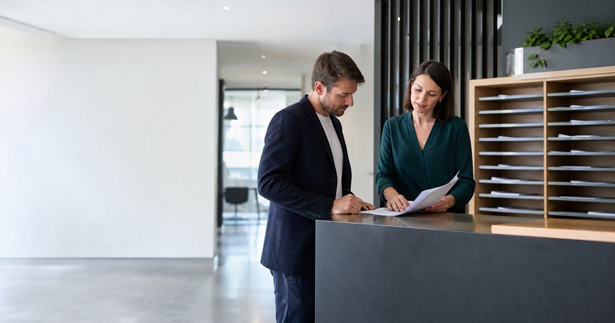 Company founder and registered office professional reviewing Irish company correspondence in a Dublin office