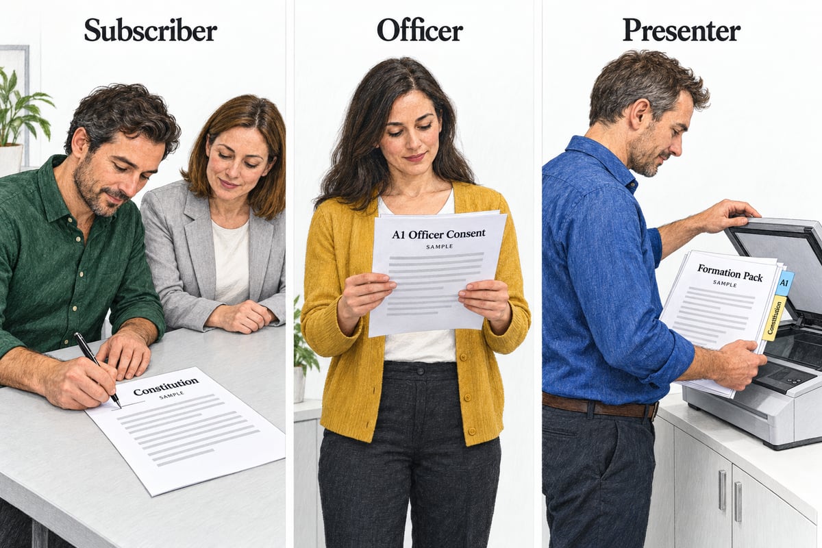 Three-panel illustration of a subscriber signing a sample constitution with a witness, an officer reviewing consent and a presenter checking a formation pack