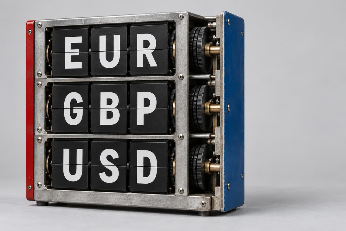 Fictional mechanical split-flap display with separate EUR, GBP and USD rows in an aluminium frame with exposed axles