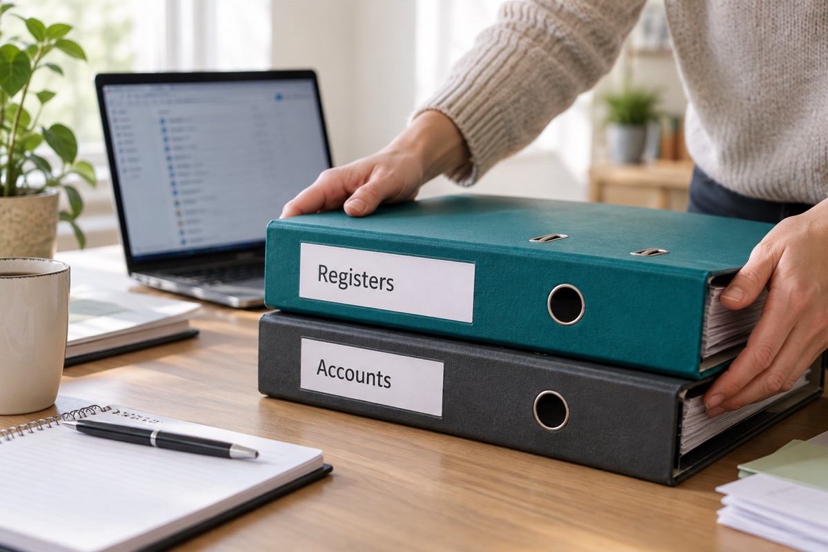 Fictional founder organising a teal Registers binder and a charcoal Accounts binder beside a laptop