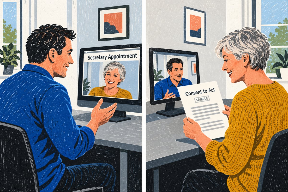 Two-panel illustration of a director and remote company secretary reviewing an appointment by video call with a sample consent worksheet
