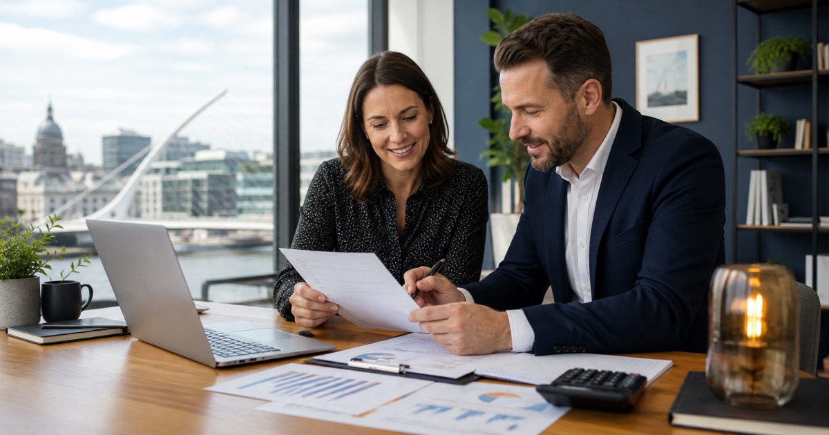 Business owner and tax adviser reviewing an Irish company tax registration checklist