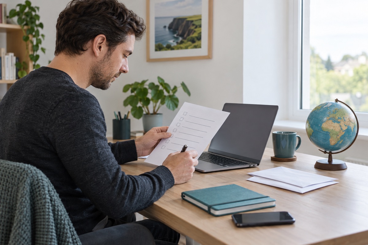 Fictional remote founder checking a paper checklist beside a laptop, envelopes and globe