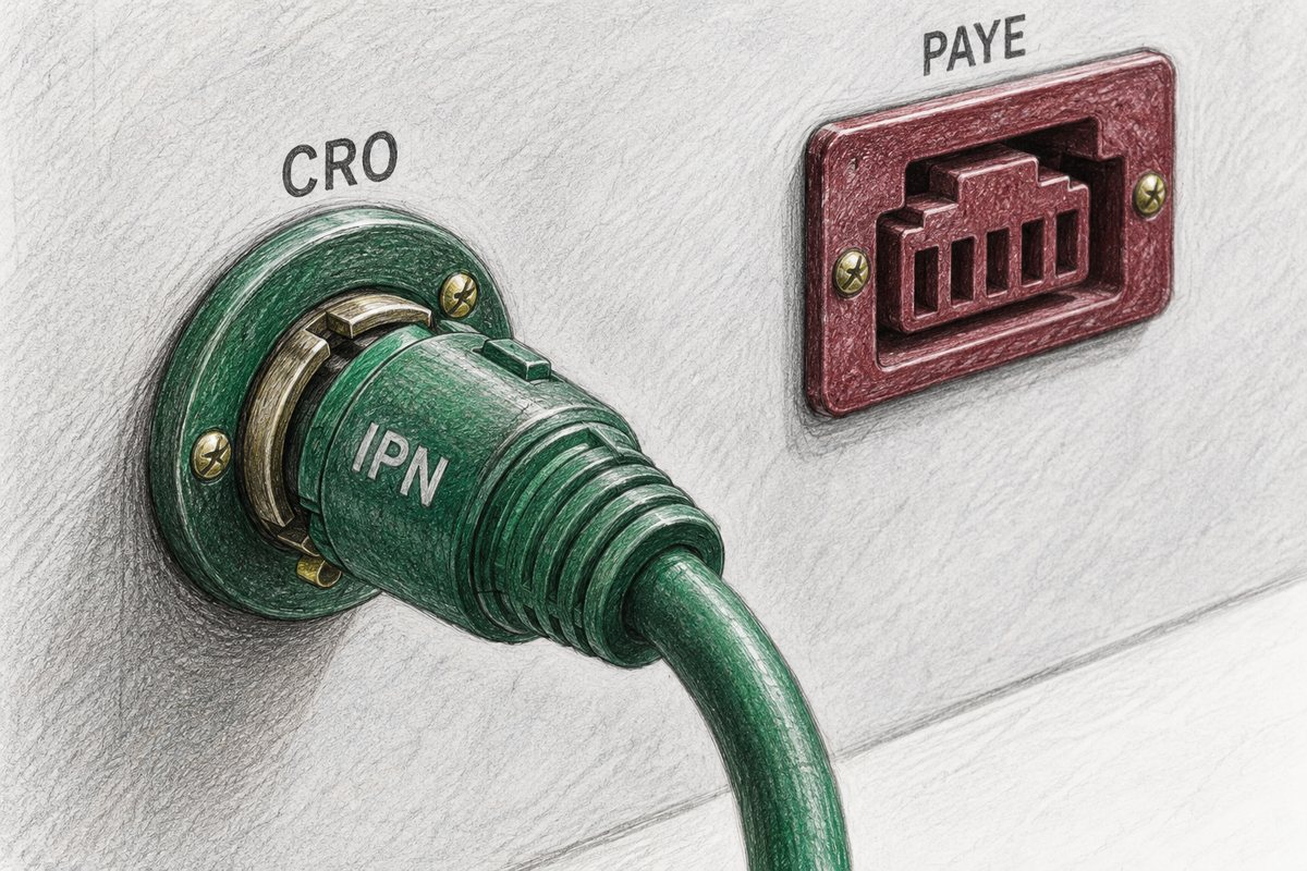 Coloured-pencil illustration of an IPN-labelled green plug fitted to a CRO port beside a differently shaped empty PAYE port