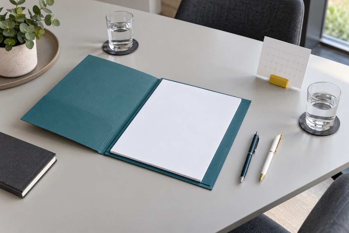 Fictional meeting table with a teal folder, blank papers, two pens, water glasses and a calendar card