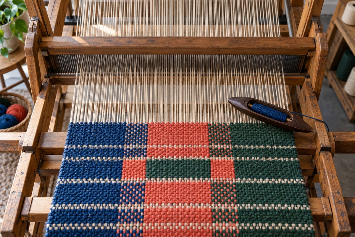 Overhead view of a fictional wooden loom with separate pale threads becoming a structured cobalt, coral and green woven cloth