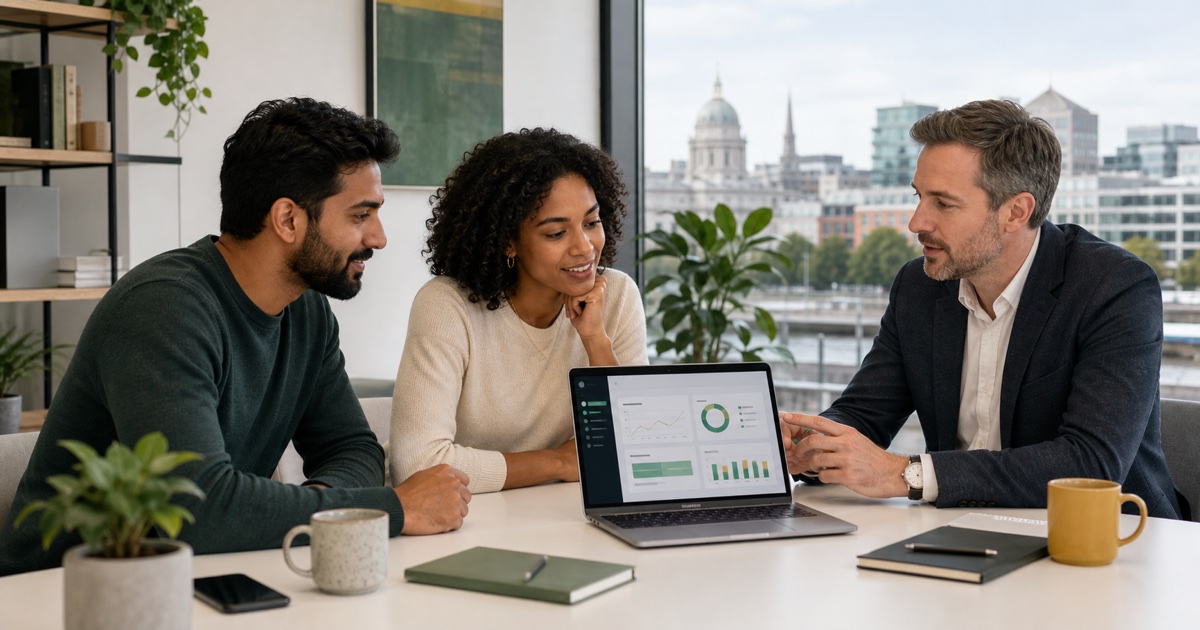 SaaS founders and a professional adviser planning an Irish software company in a Dublin office