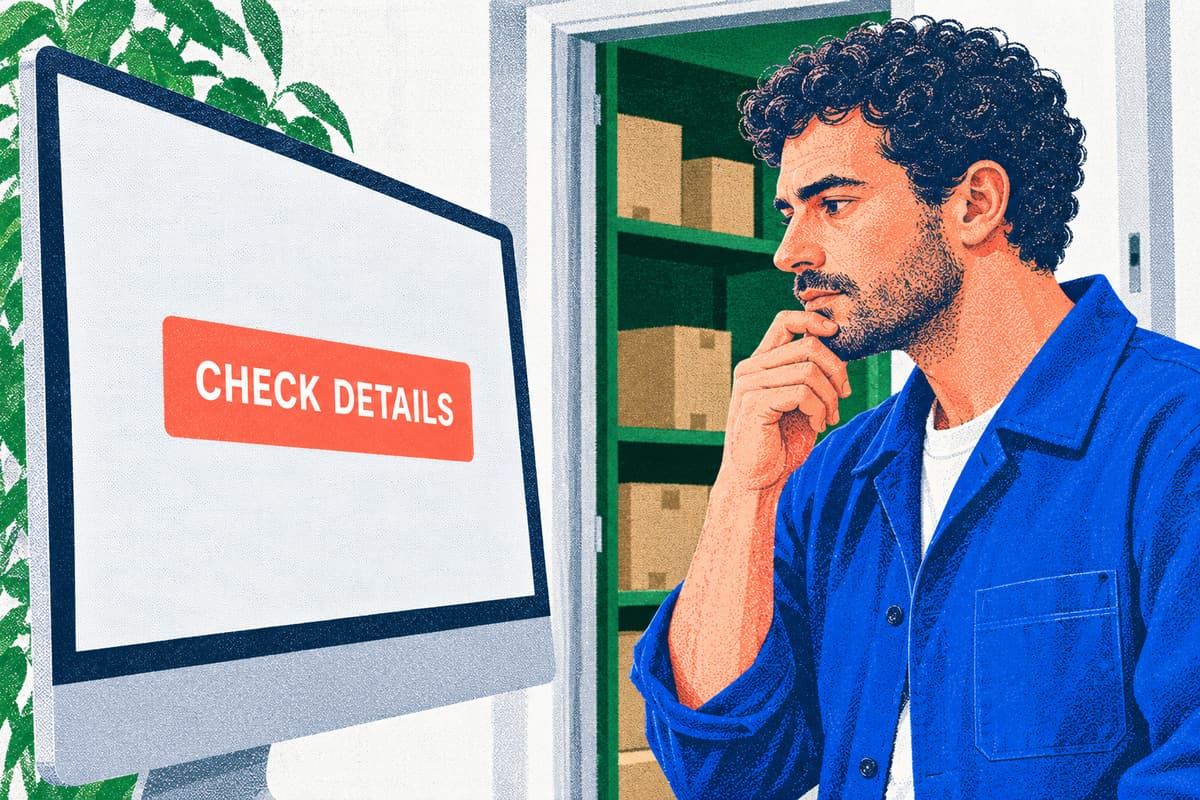 Risograph-style illustration of a fictional shop owner reviewing a Check Details message on a monitor beside a stockroom hatch