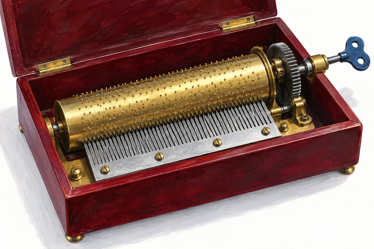 Painted close-up of an open burgundy music box with a pinned brass cylinder, silver tuning teeth and blue winding key