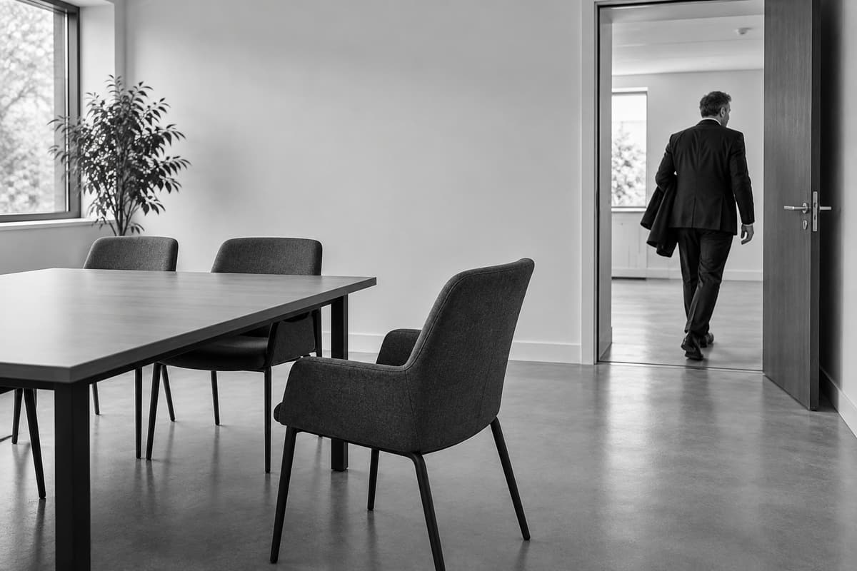 Black-and-white editorial scene of an empty conference chair and a fictional man leaving a meeting room through an open doorway