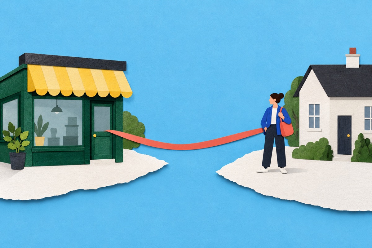 Cut-paper illustration of a green shop and a founder beside a separate house, connected by a coral ribbon representing a personal commitment