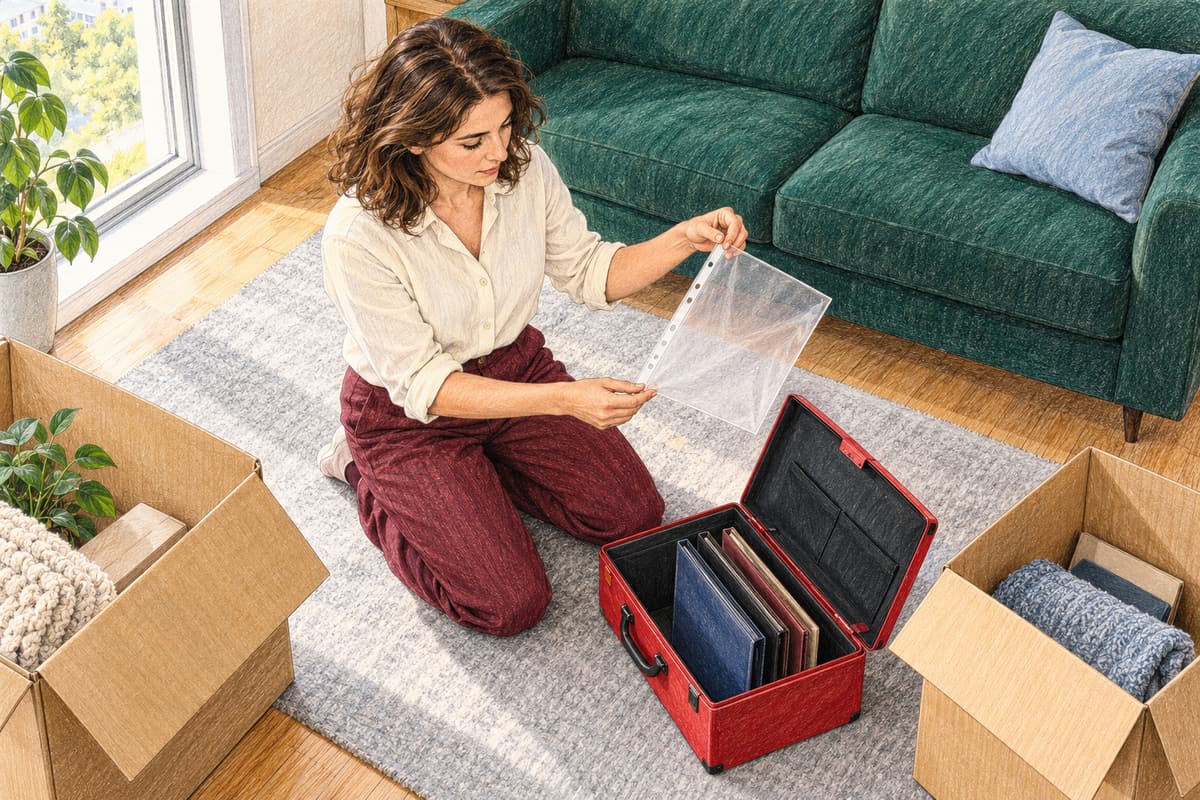 Coloured-pencil illustration of a fictional founder checking an empty document sleeve beside an open red document case and moving boxes
