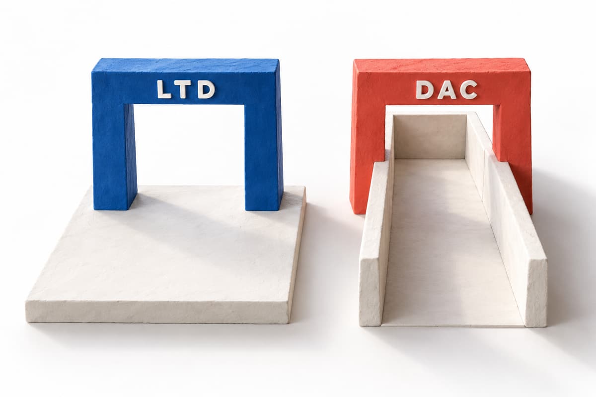 Fictional clay architectural models with a blue LTD portal opening onto a platform and a coral DAC portal leading into a defined corridor