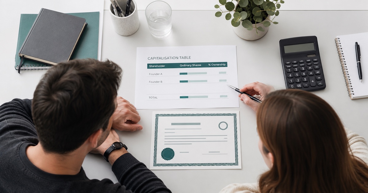 Two founders reviewing an Irish LTD capitalisation table and share certificate before incorporation