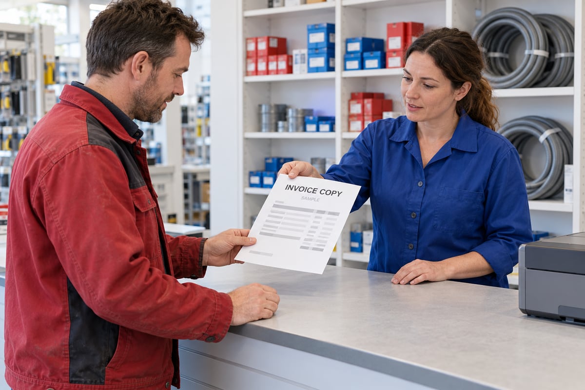 A supplier handing a customer a sample invoice copy at a hardware trade counter to replace missing purchase records