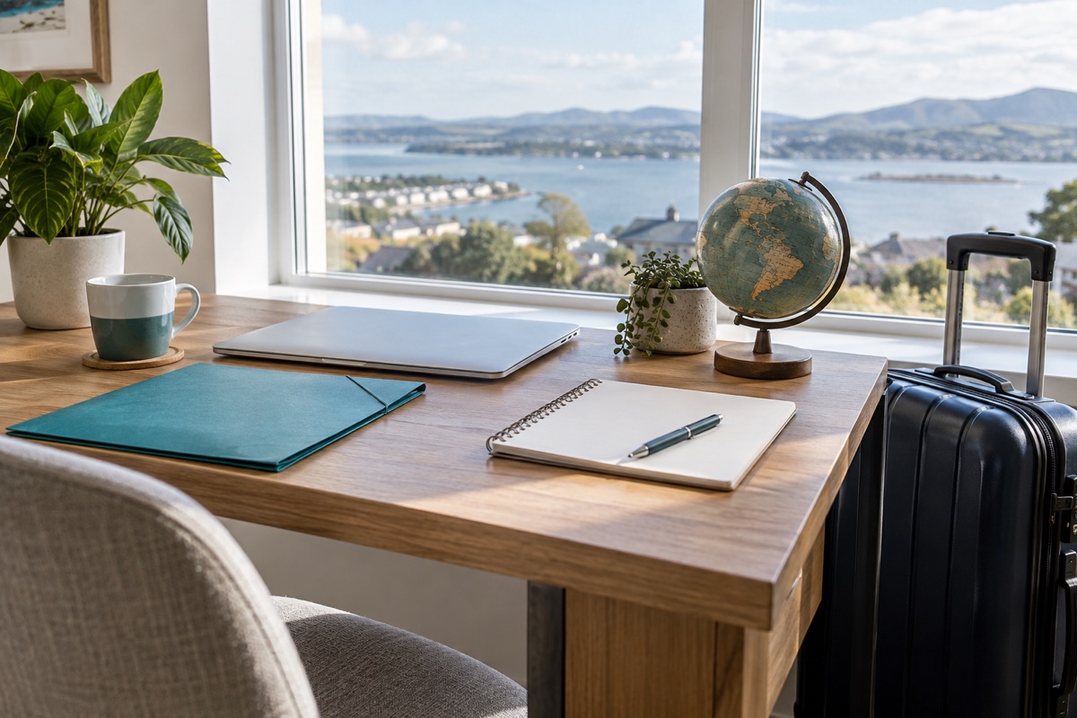 Fictional relocation planning desk with a closed laptop, teal folder, notebook, globe and carry-on suitcase