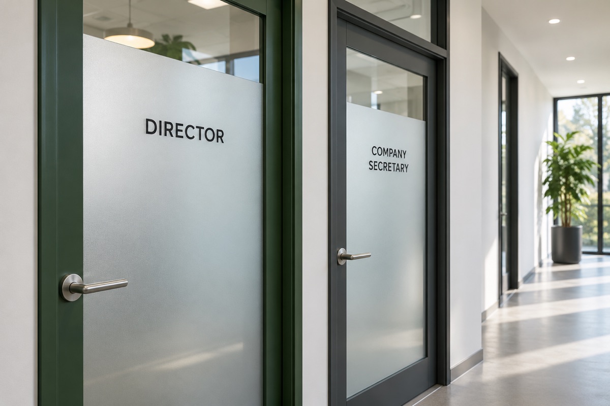 Two frosted-glass doors labelled Director and Company Secretary in a fictional bright office corridor, illustrating different company roles