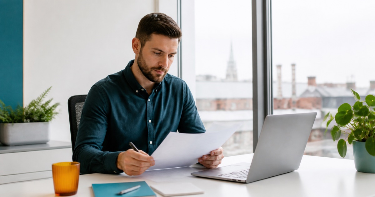 Solo Irish founder reviewing documents for a one-person limited company
