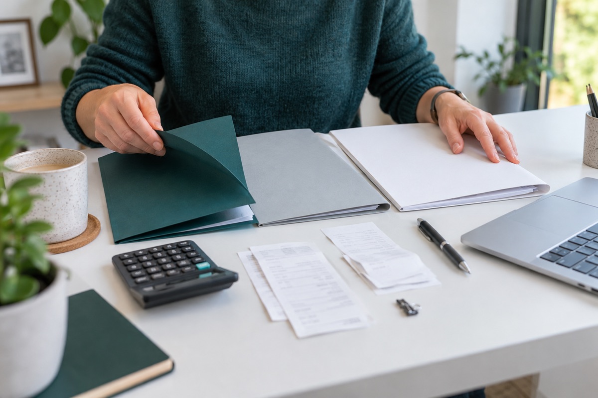 Fictional founder reviewing teal, grey and white payment-record folders beside a calculator and receipt-like slips