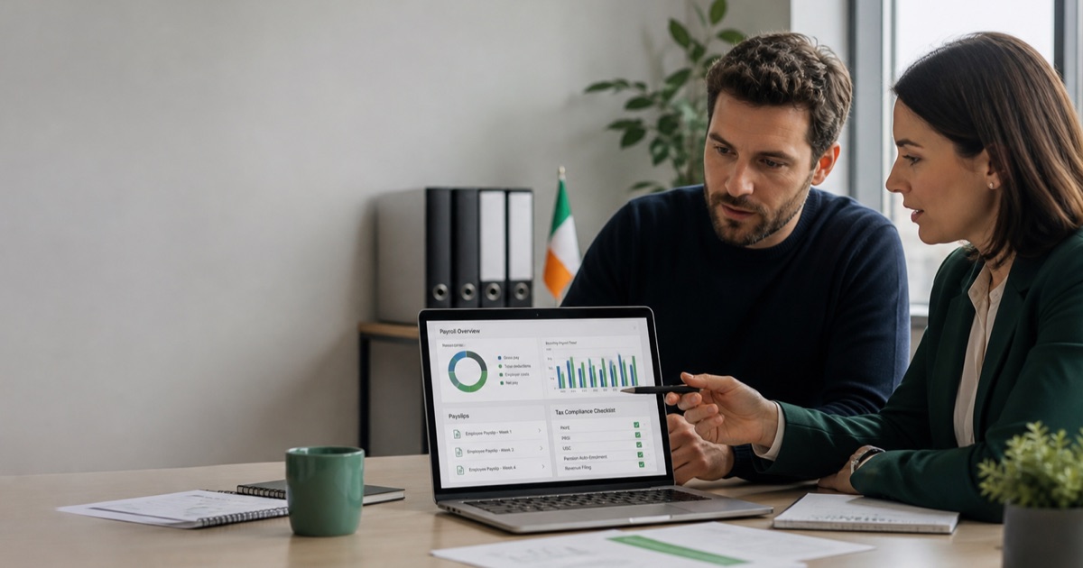 Irish founder reviewing a company payroll dashboard and PAYE compliance checklist with an accountant