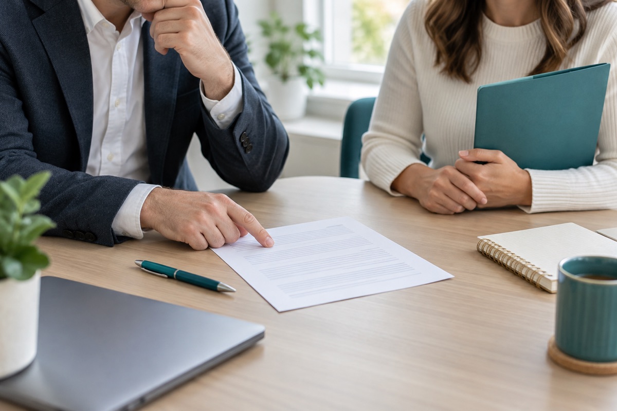 Two fictional professionals reviewing an unsigned page at a meeting table, with a teal folder and a pen resting beside the document