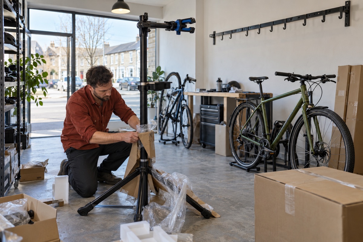 Fictional founder unpacking a bicycle repair stand inside a shop being fitted out before opening, with bicycles and equipment cartons nearby