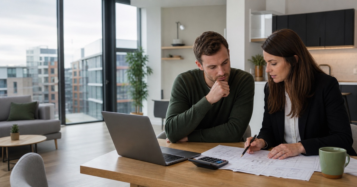 Property investor and Irish adviser reviewing an apartment plan, calculator and company structure
