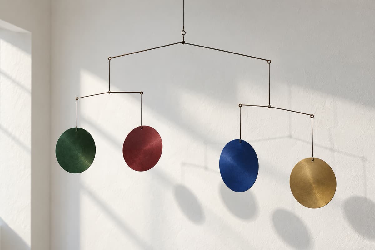Suspended metal mobile with four equal round coloured discs hanging from two balanced arms