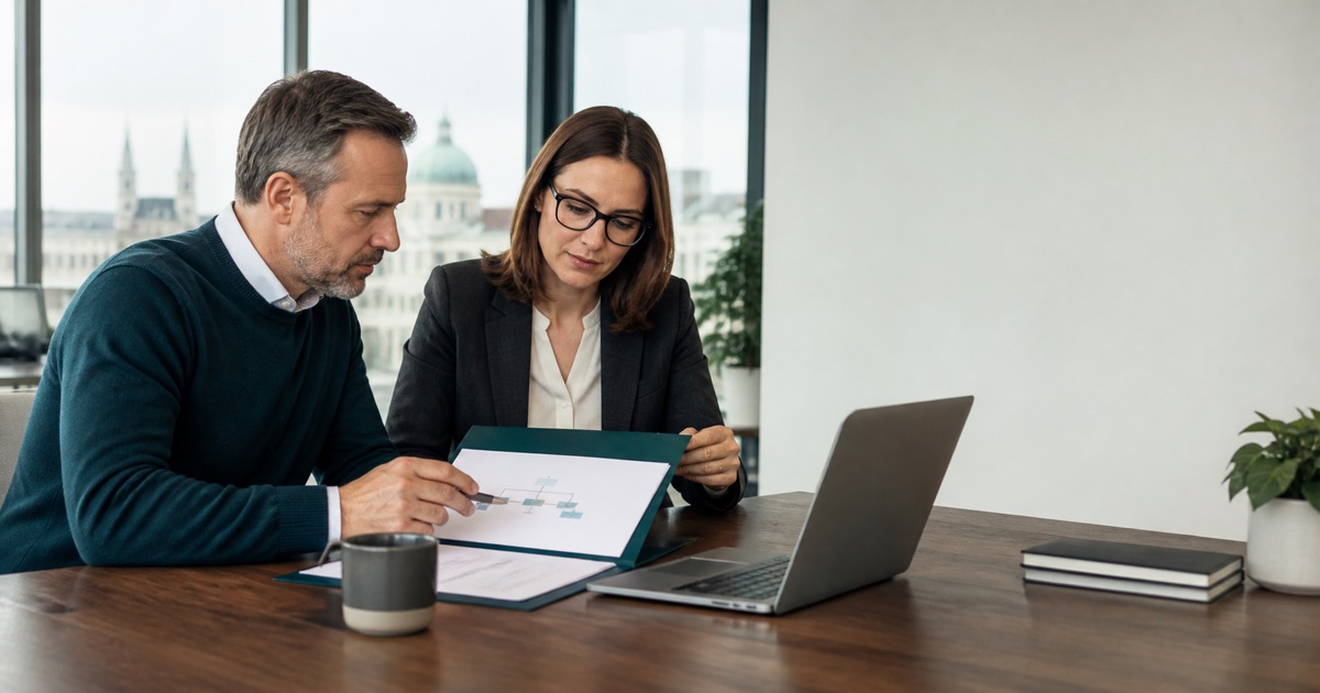 Business owner and adviser reviewing beneficial ownership documents for Irish RBO registration