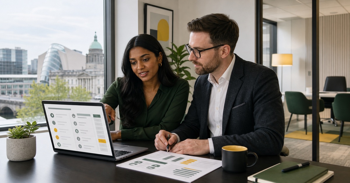 Recruitment founder and adviser planning an Irish employment agency in a Dublin office