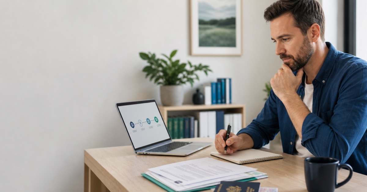 Overseas founder preparing passport, identity documents and Irish company registration steps at a home office