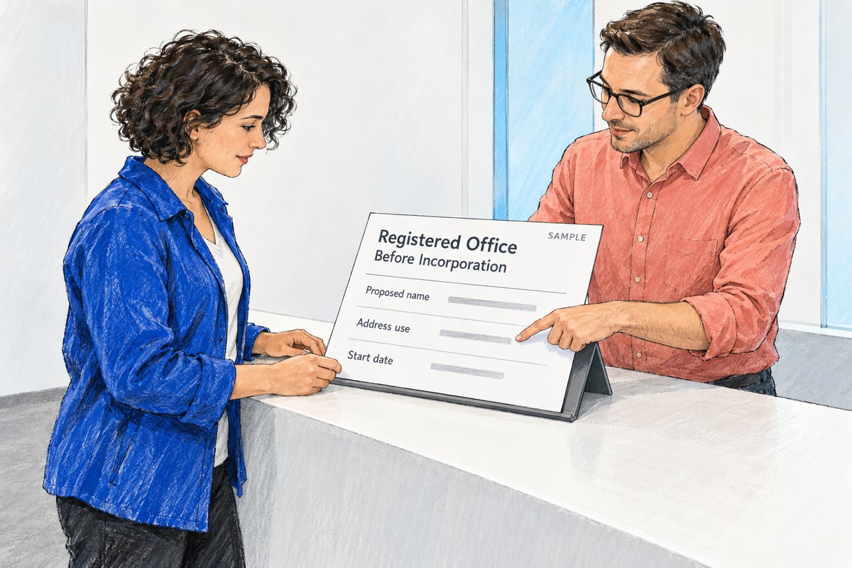 Illustration of a founder and adviser reviewing a sample registered-office setup sheet covering the proposed name, address use and start date before incorporation