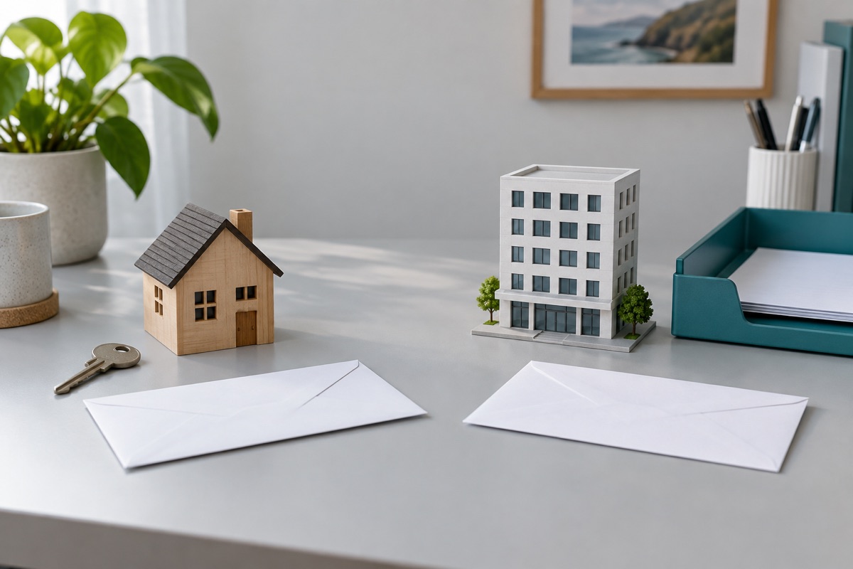 Miniature house and office models beside separate plain envelopes, a home key and correspondence tray