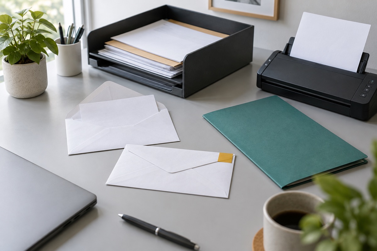 Plain envelopes and an opened letter beside a teal folder, charcoal document tray and tabletop scanner in a fictional workspace