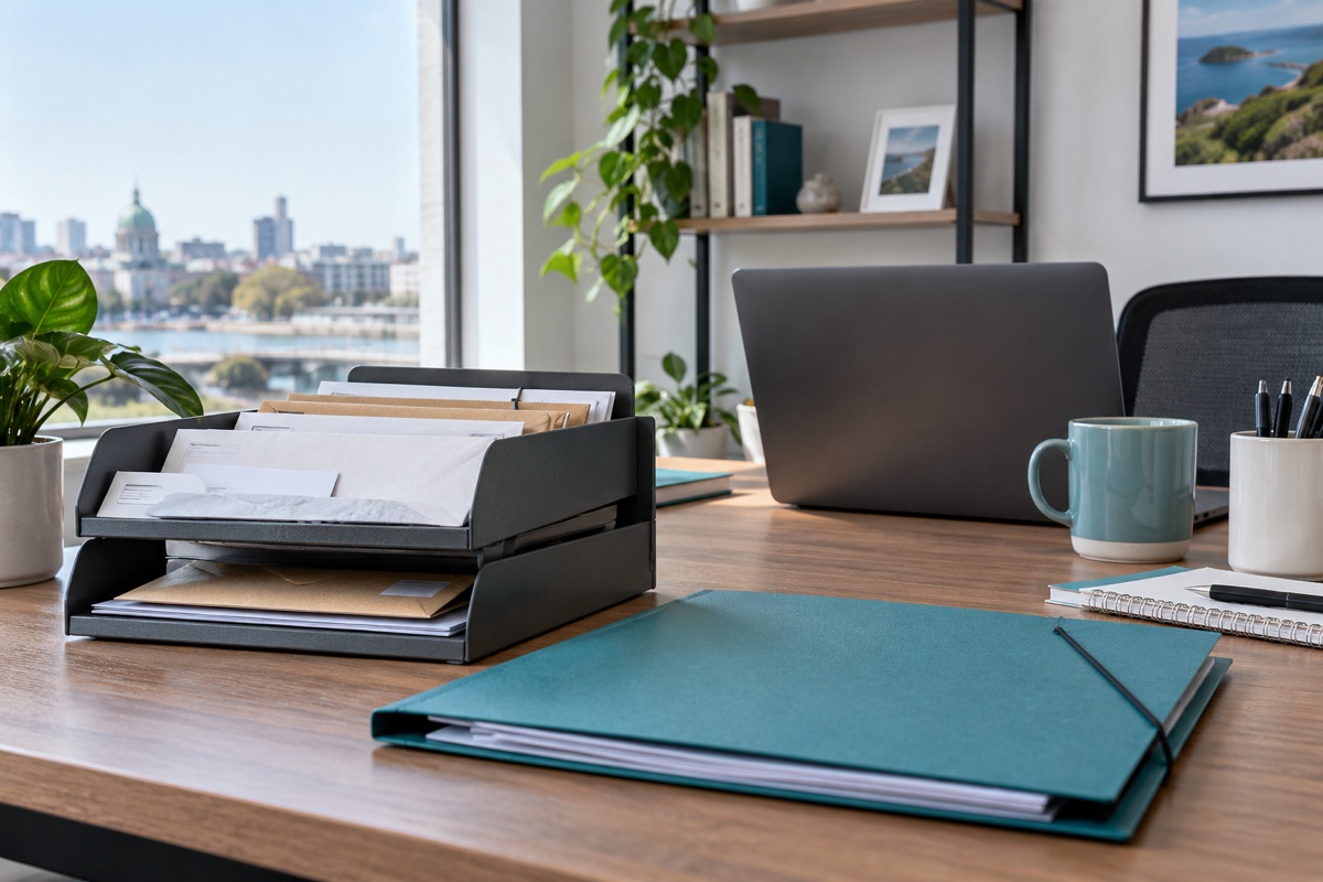 Illustration of business correspondence, a teal records folder and a laptop in a bright office workspace