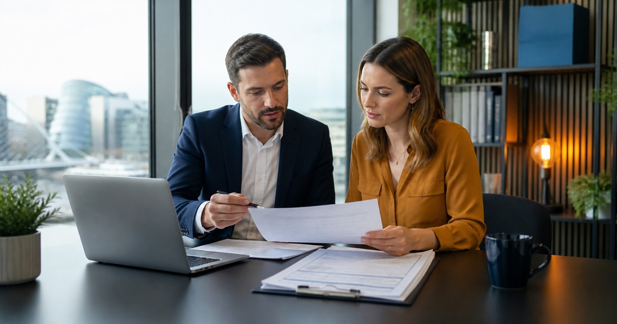 Business owner and tax adviser reviewing Irish VAT registration and return documents
