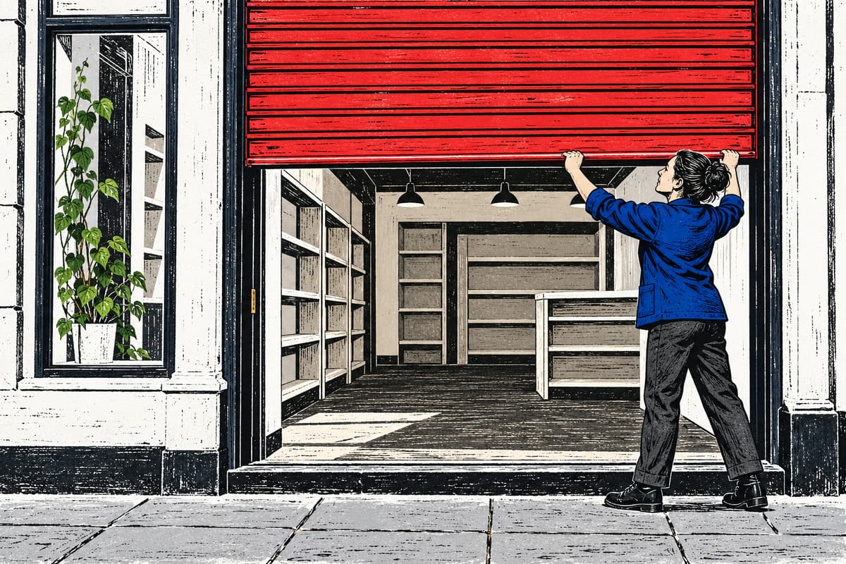 Linocut-style illustration of a fictional woman raising a red roller shutter halfway at a small street-front shop