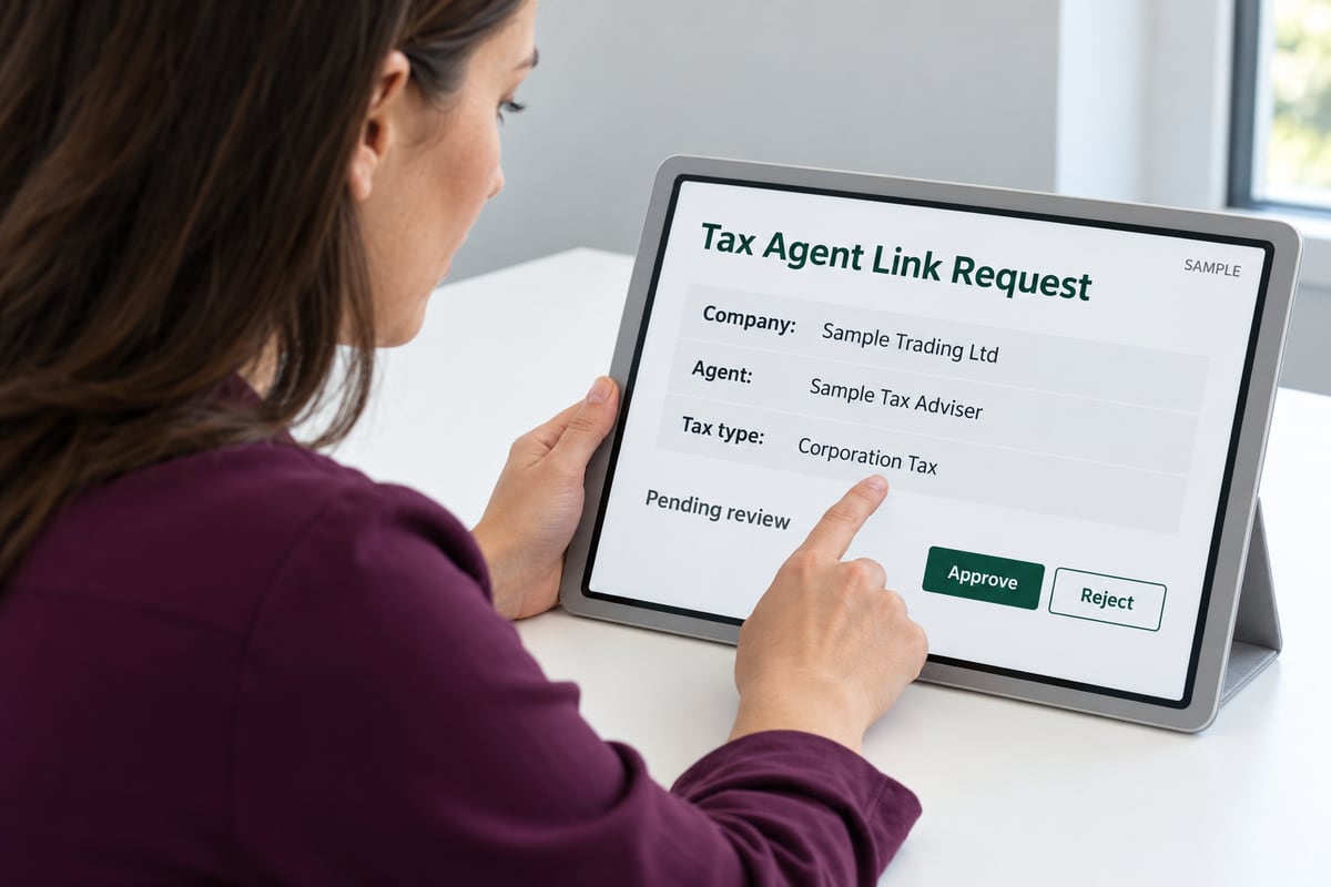 Company owner reviewing a sample tax-agent link request on a tablet, checking the adviser and Corporation Tax before approval