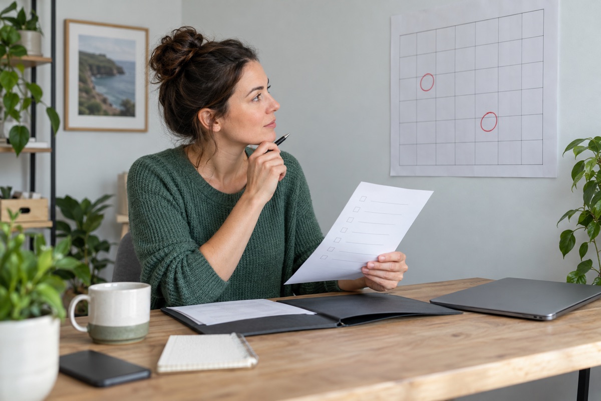 Fictional business owner comparing a paper checklist with a wall calendar beside a document folder and closed laptop