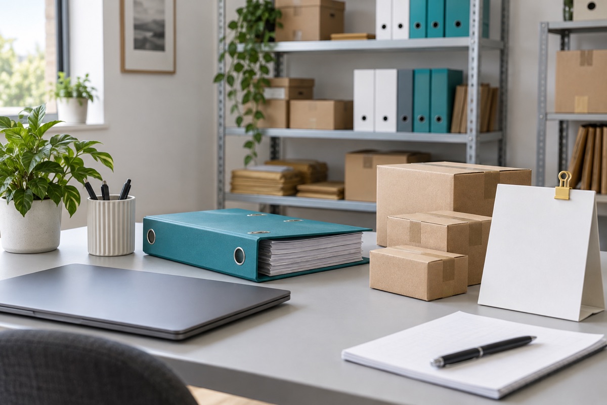 Fictional business workspace with a teal records binder, plain shipping boxes, closed laptop and blank calendar card