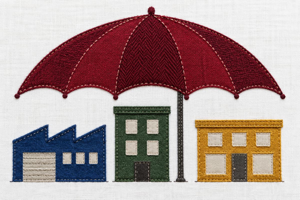Textile applique illustration of one burgundy umbrella above three separate blue, green and yellow business-building silhouettes on white linen