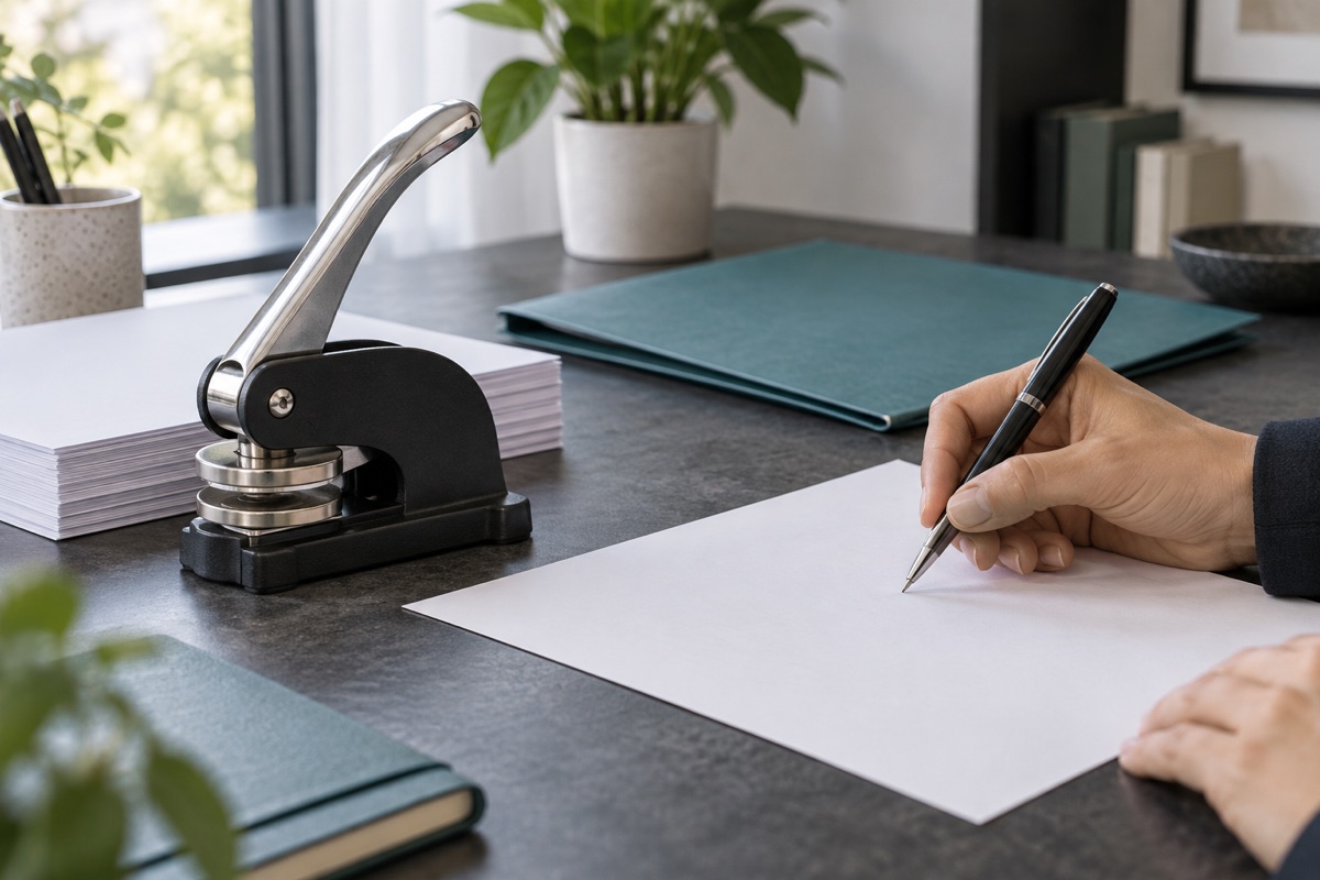 Unbranded paper embosser beside blank sheets and a teal folder, with a fictional person's hand holding a pen
