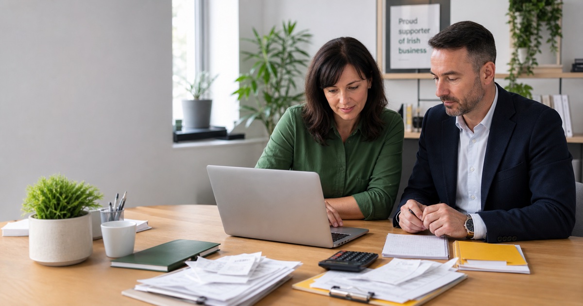 Irish small-business owner and accountant preparing a VAT3 return from invoices and purchase records