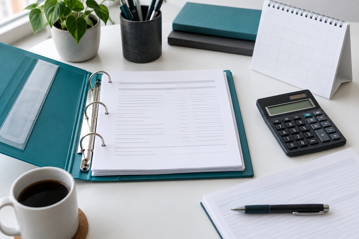 Teal binder, calculator, unmarked accounting papers and blank calendar on a fictional accounts-review desk