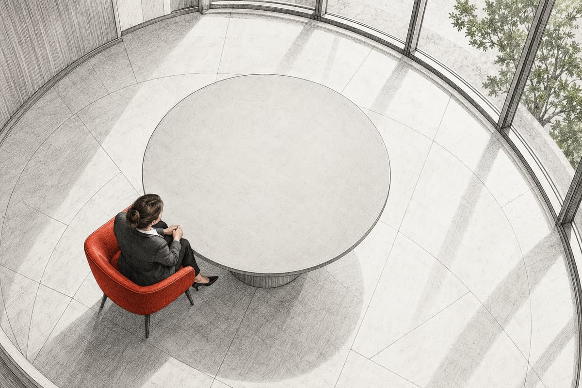 Overhead drypoint-style illustration of one fictional woman seated in a red chair at a bare circular meeting table beside curved windows